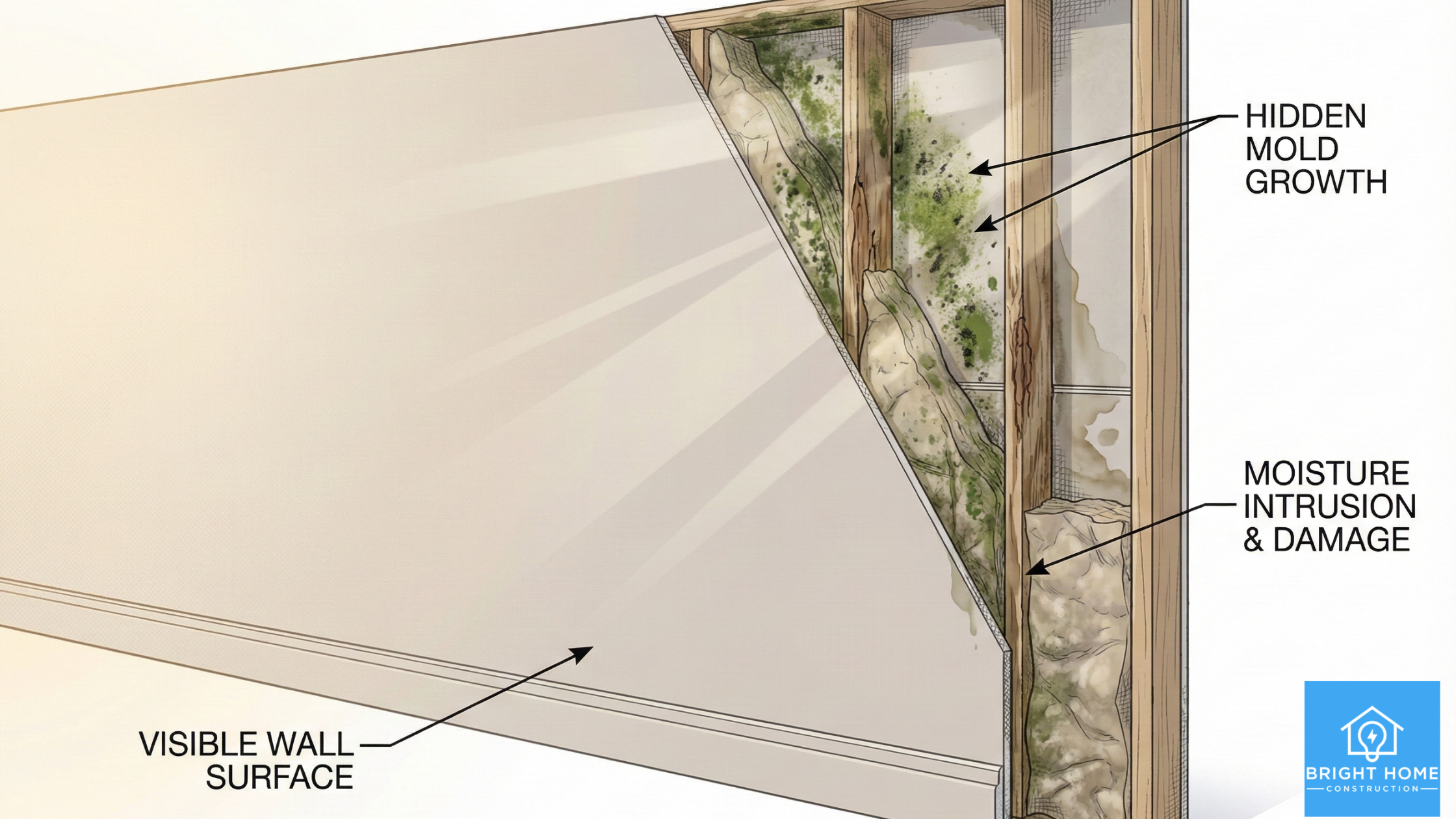 A cross-section of a wall with labeled areas showing visible wall surface, hidden mold growth, and moisture intrusion and damage inside the wall.