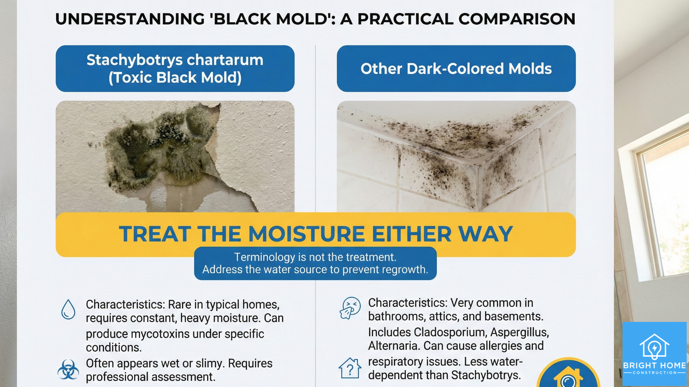 Informational poster compares toxic black mold (Stachybotrys chartarum) and other dark molds, showing mold images and key characteristics, emphasizing moisture control for prevention.