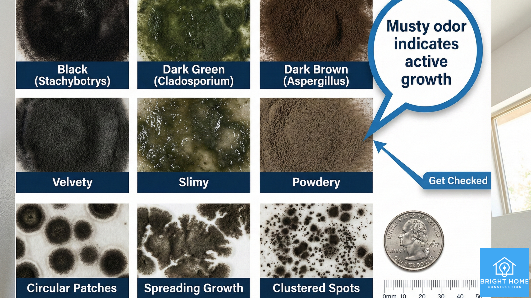 A chart displays different types of mold by color, texture, and pattern, with a message indicating that a musty odor signals active growth and a reminder to get checked.